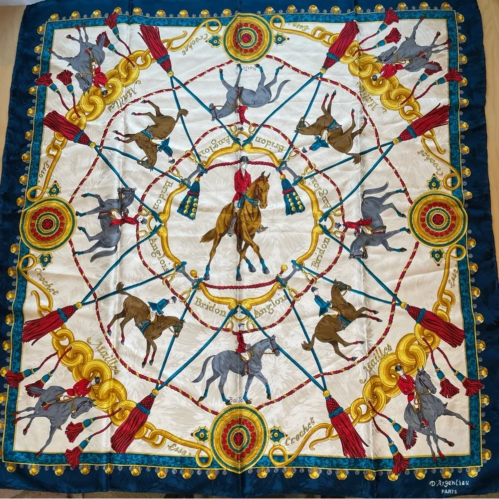 RARE D’Argenlieu Paris Equestrian 100% Silk Scarf Sq 34x34 English Countryside